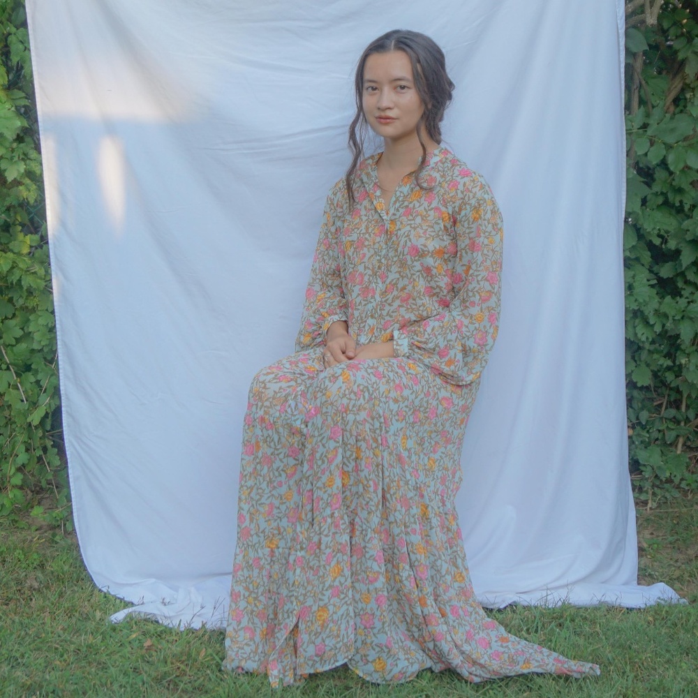 H&M summer floral long sleeve tiered maxi dress